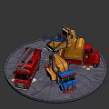 Vibrant Colored Functional Vehicles Including Blue Red Orange Dump And Concrete Mixer Trucks