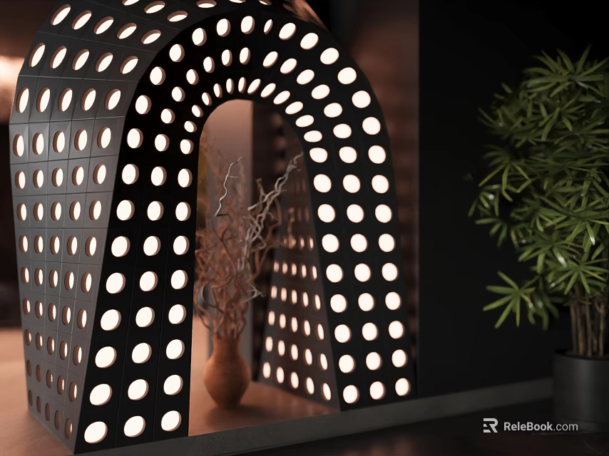 Black Interior Partition With Circular Holes Arched Opening Decorative Branches And Green Plant 3d model 