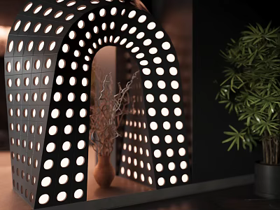 Black Interior Partition With Circular Holes Arched Opening Decorative Branches And Green Plant 3d model