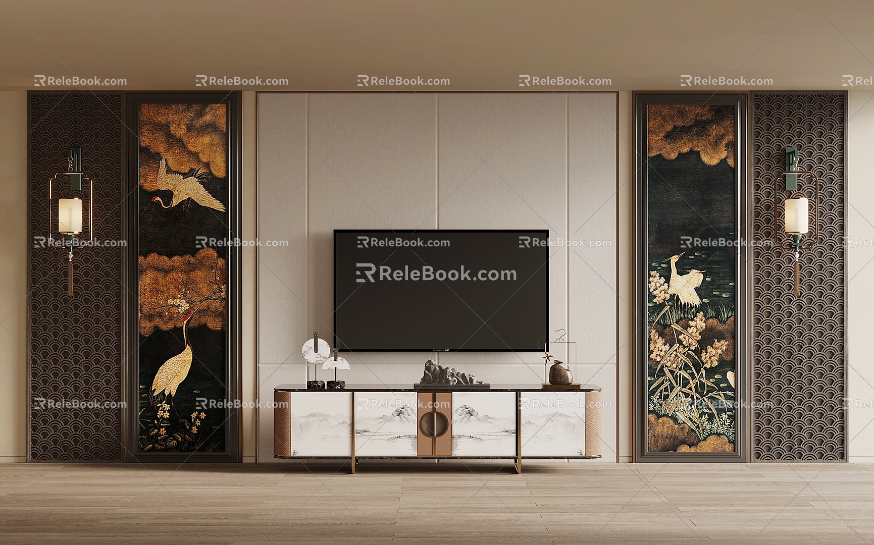 New Chinese background wall TV background wall 3d model