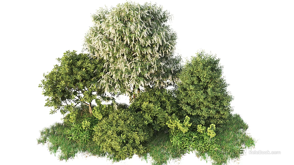 Various Green Shrubs with Lush Foliage in Garden Landscape Design 3d model 