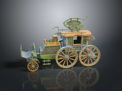 Vintage Wooden Horse Drawn Carriage With Large Wheels And Decorative Structure 3d model