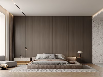 Modern Minimalist Bedroom With Wooden Paneled Walls Neutral Linen Bed And Area Rug 3d model