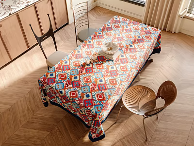 Colorful Patterned Tablecloth Covered Dining Table With Wooden Chairs And Floor 3d model