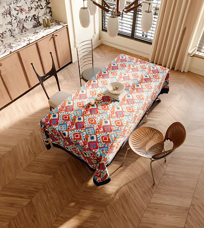 Colorful Patterned Tablecloth Covered Dining Table With Wooden Chairs And Floor 3d model