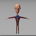 3D Bald Headed Cartoon Character With Big Eyes Purple Coat Blue Shirt And Arms Outstretched