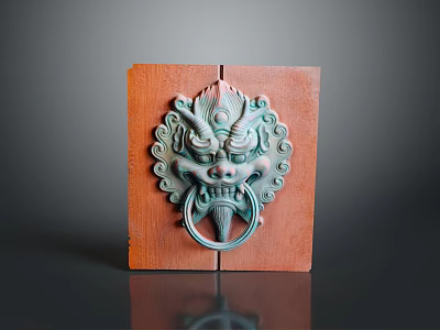 Antique Bronze Mythical Beast Head Door Knocker On Wooden Panel 3d model