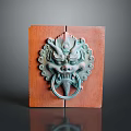 Antique Bronze Mythical Beast Head Door Knocker On Wooden Panel