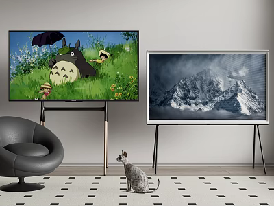 Two Modern TVs on Stands Showing Totoro Animation and Mountain View Screen 3d model Two Modern TVs on Stands Showing Totoro Animation and Mountain View Screen 3d model