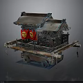 Traditional Carved Wooden Sedan Chair With Red Curtains And Decorative Wheels