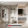 Modern Bathroom Interior With Shower Area Toilet Vanity Mirror Shelf And Green Plant