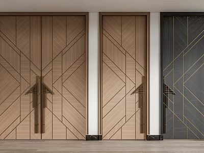 Elegant Double Doors With Geometric Patterns Wooden Black And Metal Accents 3d model
