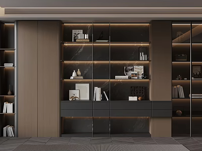 Elegant Modern Study Room Bookcase With Glass Doors Marble Countertop And Lighting Strips 3d model