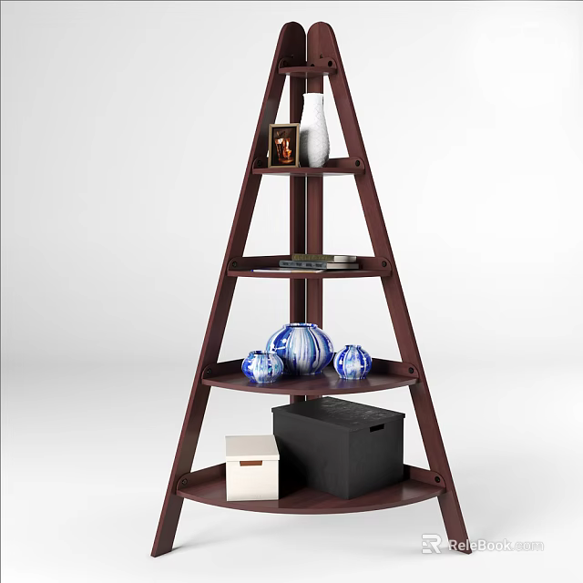Multi Tiered Wooden Shelving Unit With Vase Photo Frame Boxes And Decorative Balls 3d model 