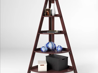 Multi Tiered Wooden Shelving Unit With Vase Photo Frame Boxes And Decorative Balls 3d model