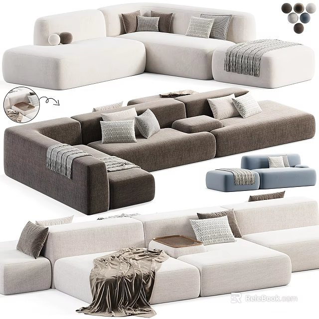 Modern Sectional Sofa In Living Room With Various Colors Decorative Pillows And Throw Blankets 3d model 