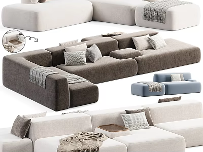 Modern Sectional Sofa In Living Room With Various Colors Decorative Pillows And Throw Blankets 3d model