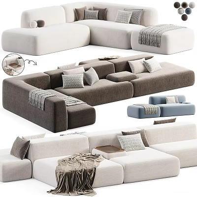 Modern Sectional Sofa In Living Room With Various Colors Decorative Pillows And Throw Blankets 3d model