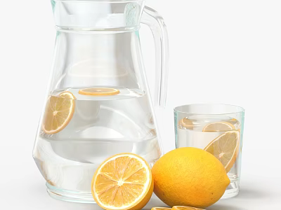 Refreshing Lemon Water in Glass Pitcher with Slices and Fresh Lemons 3d model