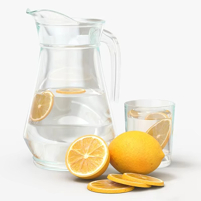 Refreshing Lemon Water in Glass Pitcher with Slices and Fresh Lemons 3d model