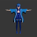 Game Movie Character Blue Hair Blue Kimono Coat Short Skirt Stockings High Heels Arms Outstretched