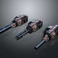 Three Metallic Mechanical Devices With Black Brown Accents And Detailed Design On Dark Background