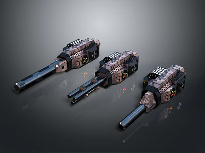 Three Metallic Mechanical Devices With Black Brown Accents And Detailed Design On Dark Background 3d model