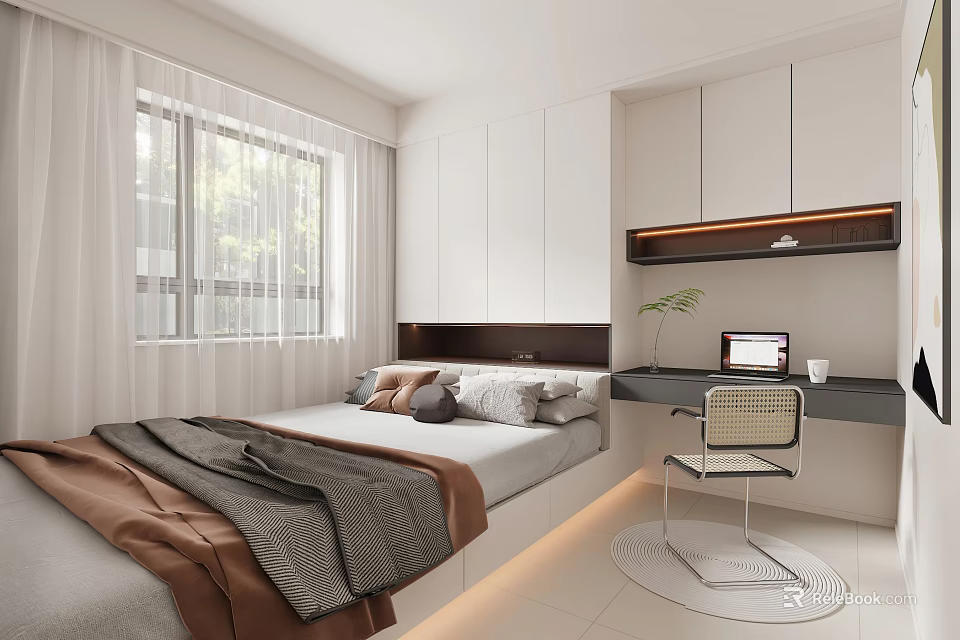 Modern Tatami Bedroom Interior With White Cabinets Desk Chair And Natural Light 3d model 