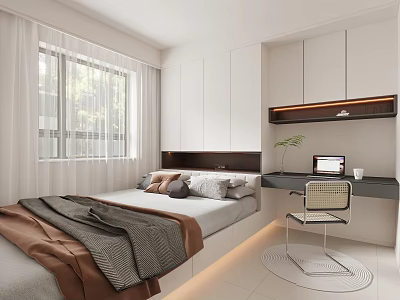 Modern Tatami Bedroom Interior With White Cabinets Desk Chair And Natural Light 3d model