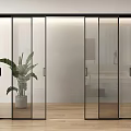 Black Frame Glass Sliding Doors With Potted Plant In Wooden Floor Interior Space