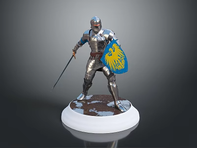 Knight in Silver Armor Holding Sword and Blue Shield with Yellow Eagle on White Base 3d model