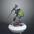 Knight in Silver Armor Holding Sword and Blue Shield with Yellow Eagle on White Base 3d model