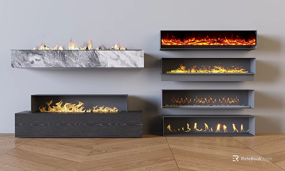 Modern Wall Mounted Fireplaces With Various Flame Effects And Marble Finishes 3d model