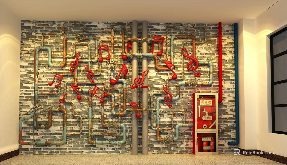 Brick Background Wall With Colorful Pipes Red Music Notes And Red Cabinet 3d model 