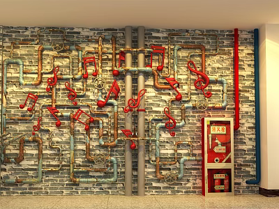 Brick Background Wall With Colorful Pipes Red Music Notes And Red Cabinet 3d model