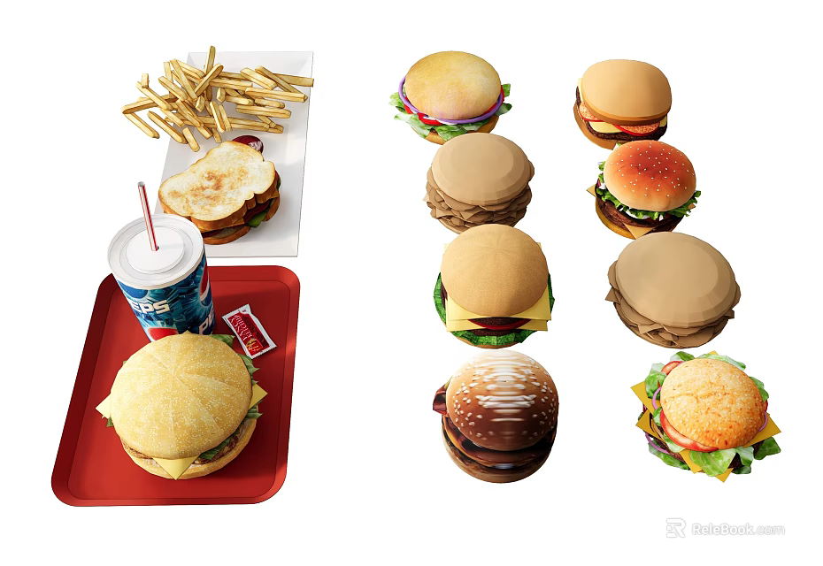 Delicious Fast Food Assortment Including Burgers French Fries And Soft Drink 3d model 
