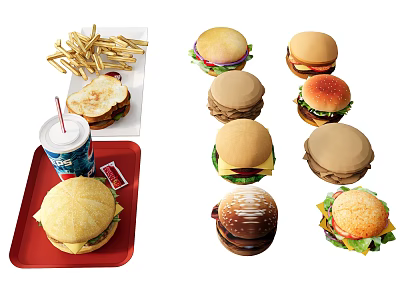 Delicious Fast Food Assortment Including Burgers French Fries And Soft Drink 3d model