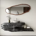 Natural Bathroom Washbasin Design With Stone Countertop Oval Wooden Mirror And Decorative Plant