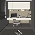 Modern Home Office Interior With White Cabinets Computer Laptop Table Lamp And Decorations