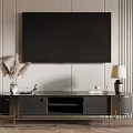 Modern TV Stand With TV Decorative Pampas Grass Table Lamp And Striped Wall