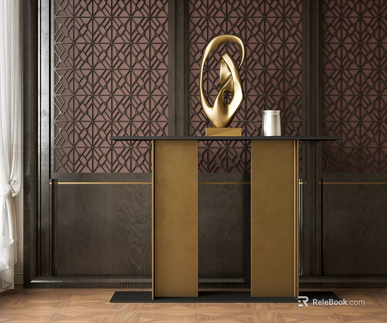 Elegant Entryway Console Table With Black Top Golden Sculpture And Dark Patterned Wall 3d model