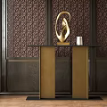 Elegant Entryway Console Table With Black Top Golden Sculpture And Dark Patterned Wall 3d model