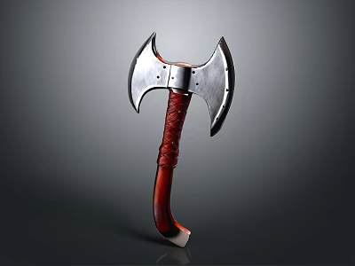 Medieval Weapon Axe With Metal Double Bladed Head And Red Wrapped Handle Sharp Edges 3d model