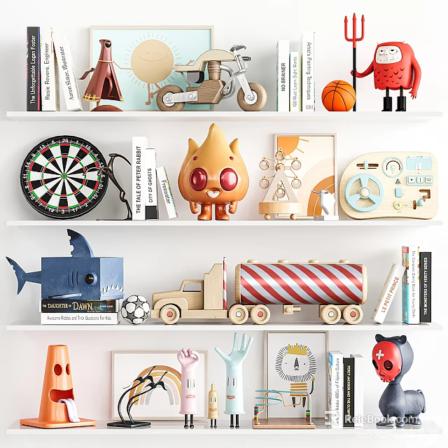 Diverse Decorative Ornament Combination With Model Toys Sports Items Cartoon Figures And Books On Shelves 3d model 