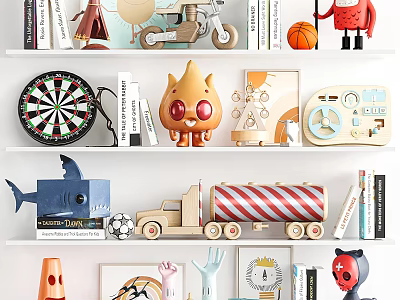 Diverse Decorative Ornament Combination With Model Toys Sports Items Cartoon Figures And Books On Shelves 3d model