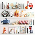Diverse Decorative Ornament Combination With Model Toys Sports Items Cartoon Figures And Books On Shelves