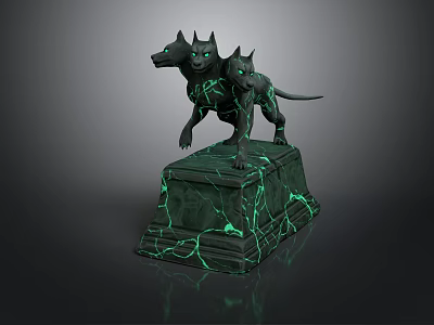 Mythical Horned Canine Creatures With Green Eyes Standing On Green Cracked Pedestal 3d model