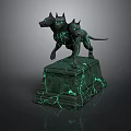 Mythical Horned Canine Creatures With Green Eyes Standing On Green Cracked Pedestal