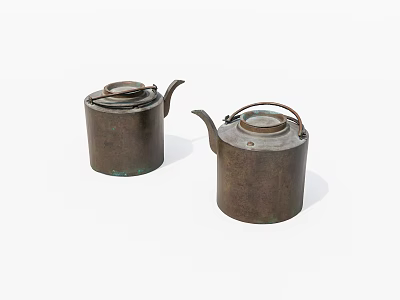 Two Vintage Copper Tea Kettles With Traditional Design And Rustic Finish 3d model