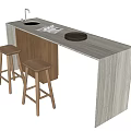 Modern Bar Counter With Marble Top Wooden Frame Two Stools Tray And Cups